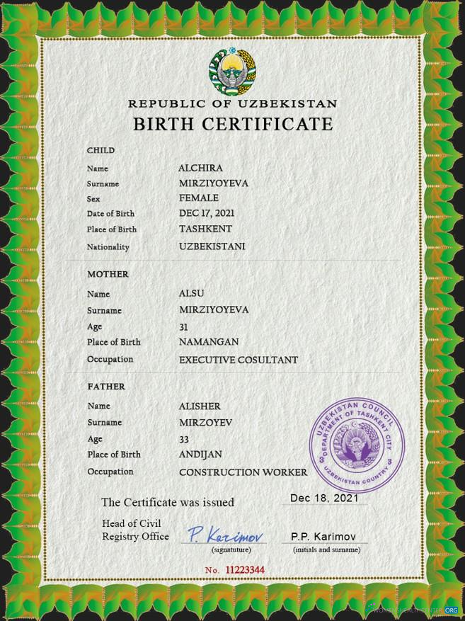 Download Uzbekistan birth certificate PSD template Photoshop template